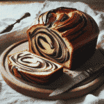 DALL·E 2023 11 13 08.40.55 A yeast cake with chocolate swirls sliced on a wooden cutting board with a vintage knife resting beside it. The cake has a rich dark chocolate marb פרו גיידס