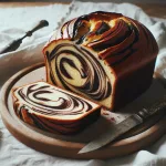 DALL·E 2023 11 13 08.40.55 A yeast cake with chocolate swirls sliced on a wooden cutting board with a vintage knife resting beside it. The cake has a rich dark chocolate marb פרו גיידס