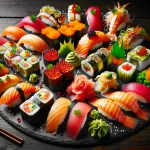 DALL·E 2023 11 13 09.25.00 A vibrant and colorful display of various sushi pieces artistically arranged on a black slate plate. The sushi assortment includes a variety of rolls פרו גיידס