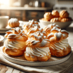 DALL·E 2023 11 13 10.23.19 A plate of freshly baked cream puffs dusted with powdered sugar displayed elegantly. Each cream puff is filled with a swirl of rich whipped cream p פרו גיידס