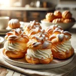 DALL·E 2023 11 13 10.23.19 A plate of freshly baked cream puffs dusted with powdered sugar displayed elegantly. Each cream puff is filled with a swirl of rich whipped cream p פרו גיידס
